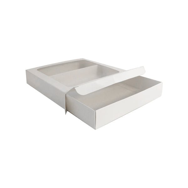 180mm Square Two Piece Cookie and Dessert Box One Piece Box with Clear Window and Slide in Tray Gloss White - PackQueen