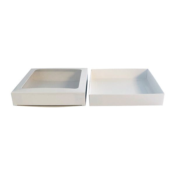 180mm Square Two Piece Cookie and Dessert Box One Piece Box with Clear Window and Slide in Tray Gloss White - PackQueen