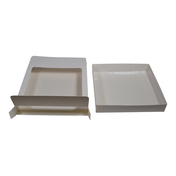 180mm Square Two Piece Cookie and Dessert Box One Piece Box with Clear Window and Slide in Tray Gloss White - PackQueen