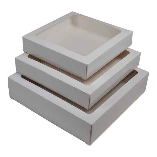 205 Square Two Piece Cookie and Dessert Box with Clear Window and Slide in Tray Gloss White - PackQueen