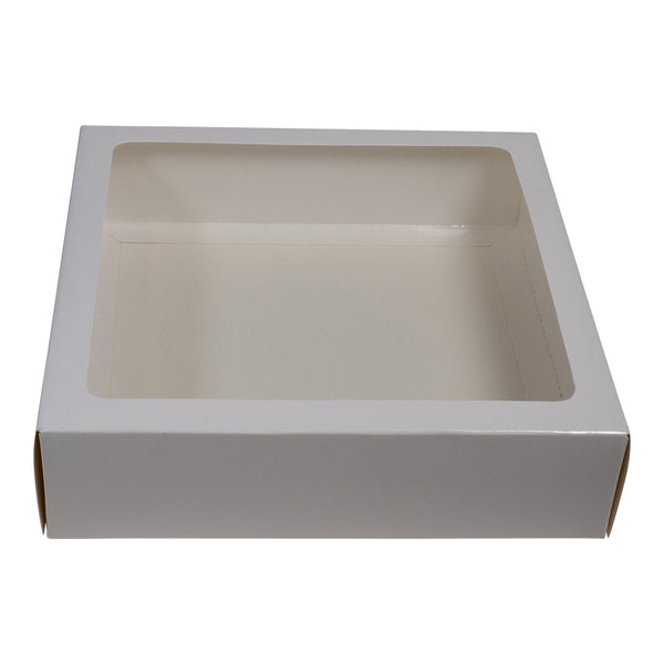 205 Square Two Piece Cookie and Dessert Box with Clear Window and Slide in Tray Gloss White - Paperboard (285gsm)