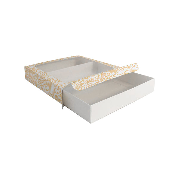 205 Square Two Piece Cookie and Dessert Box with Clear Window and Slide in Tray Gloss White - Paperboard (285gsm)