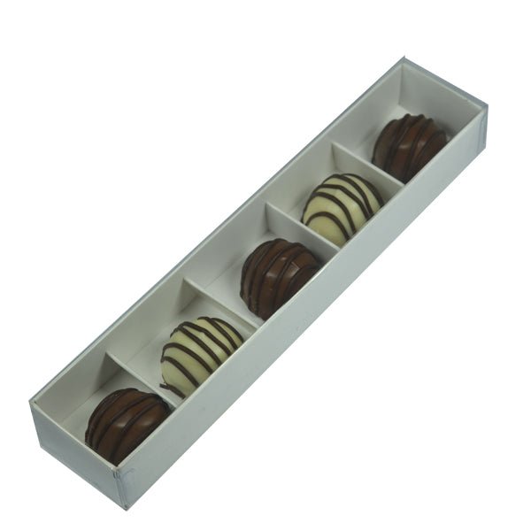 SAMPLE - 5 Pack Chocolate Box/Rectangle 5 Gift Box with Clear Lid - Smooth White Paperboard (Optional Insert) - PackQueen