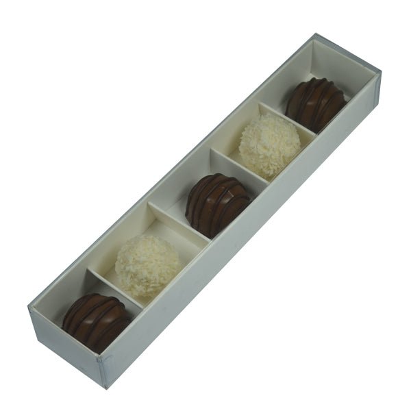 SAMPLE - 5 Pack Chocolate Box/Rectangle 5 Gift Box with Clear Lid - Smooth White Paperboard (Optional Insert) - PackQueen