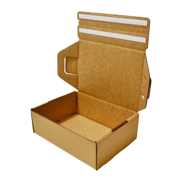 SAMPLE - B Flute - A5 Postage Box with 'Peal N Seal' DOUBLE Tape (Return Seal) - Kraft Brown - PackQueen